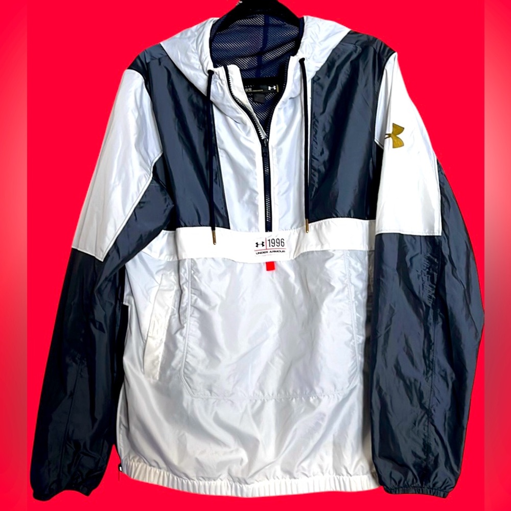 UNDER ARMOUR Men’s Navy Blue/White/Red 3/4 Zip Pullover Jacket, Sz Large, GUC.